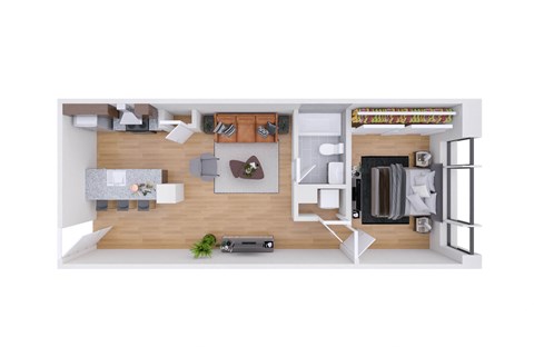 Floor plan for 1 bed, 1 bath, 653 sqft