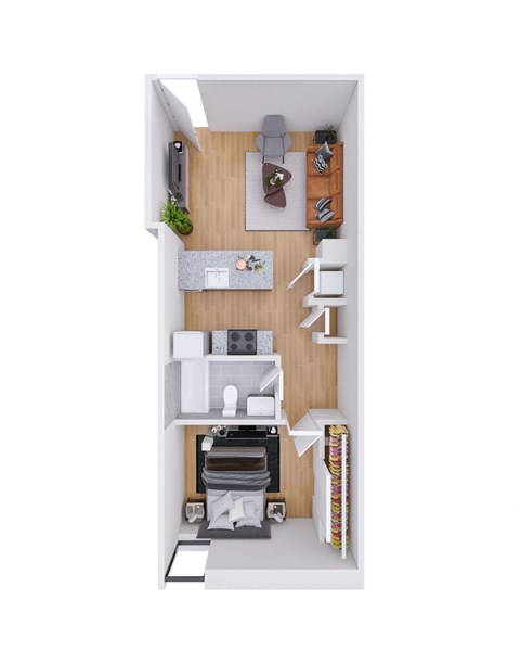 Floor plan for 1 bed, 1 bath, 587 sqft