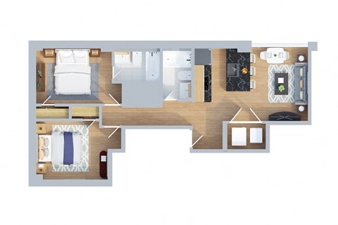 Floor plan for 2 beds, 2 baths, 939 sqft