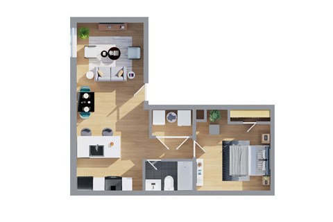 Floor plan for 1 bed, 1 bath, 686 sqft