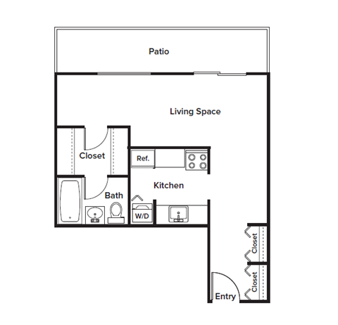 Floor plan for studio, 1 bath, 653 sqft