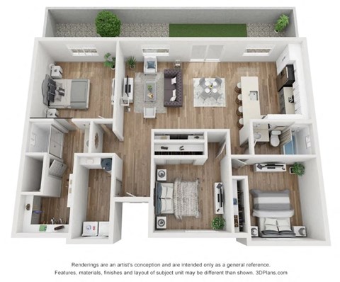 Floor plan for 3 beds, 2 baths, 1355 sqft
