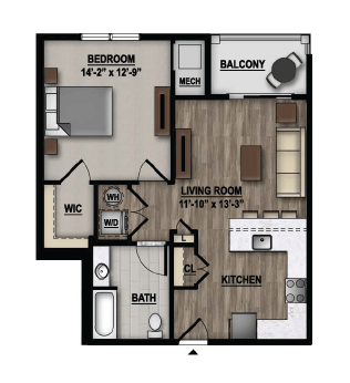Floor plan for 1 bed, 1 bath, 727 sqft
