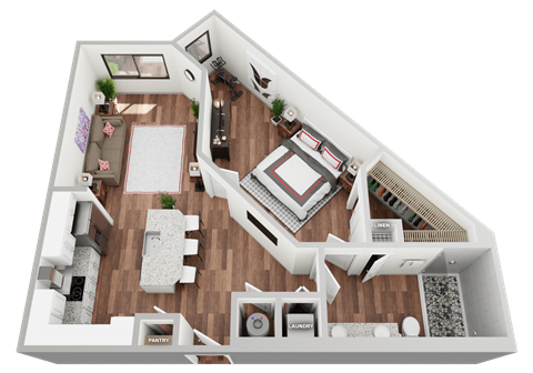 Floor plan for 1 bed, 1 bath, 768 sqft