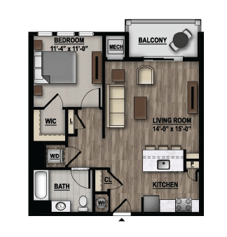 Floor plan for 1 bed, 1 bath, 730 sqft