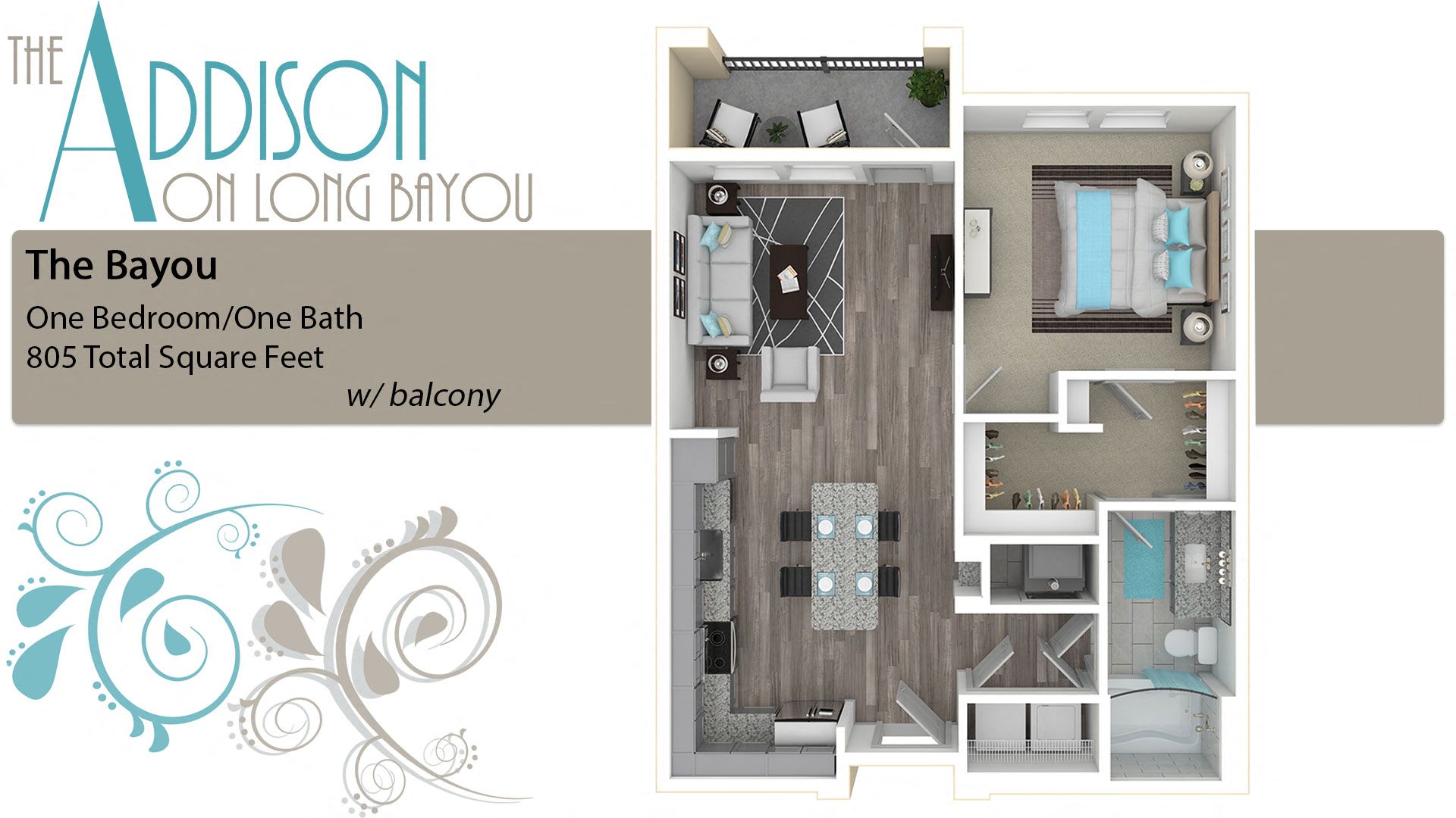 Floor plan for 1 bed, 1 bath, 805 sqft