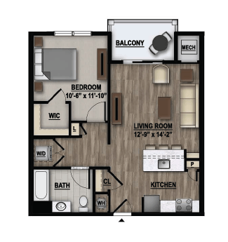 Floor plan for 1 bed, 1 bath, 732 sqft