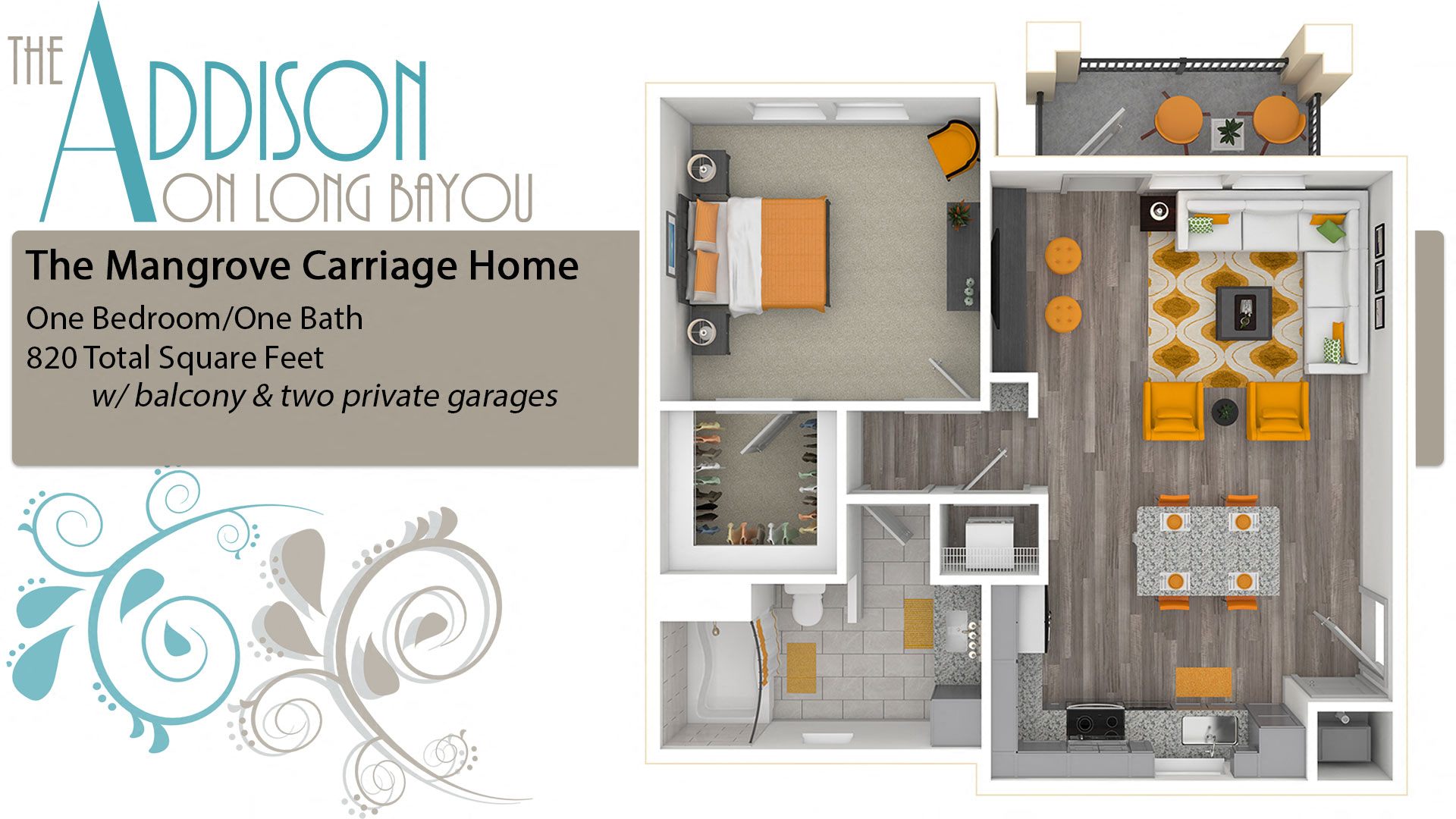 Floor plan for 1 bed, 1 bath, 820 sqft