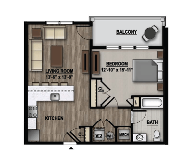 Floor plan for 1 bed, 1 bath, 734 sqft