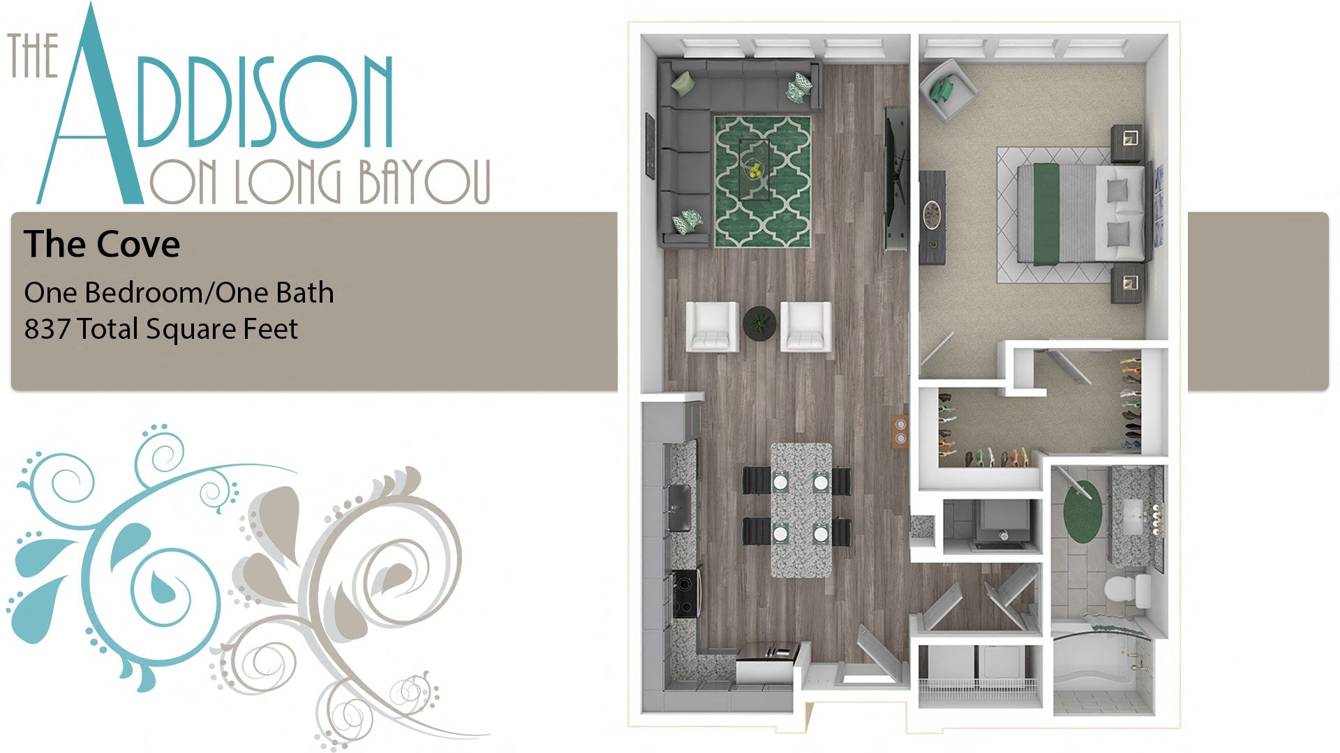 Floor plan for 1 bed, 1 bath, 837 sqft