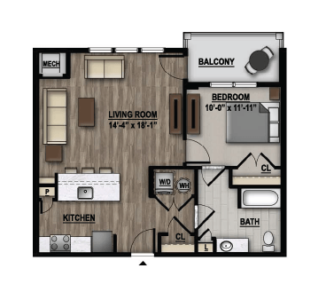 Floor plan for 1 bed, 1 bath, 747 sqft