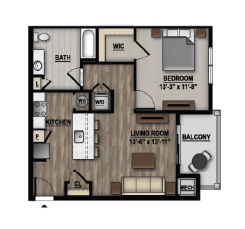 Floor plan for 1 bed, 1 bath, 750 sqft