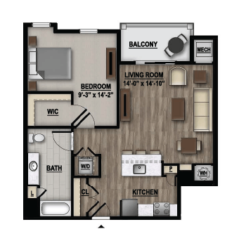 Floor plan for 1 bed, 1 bath, 839 sqft