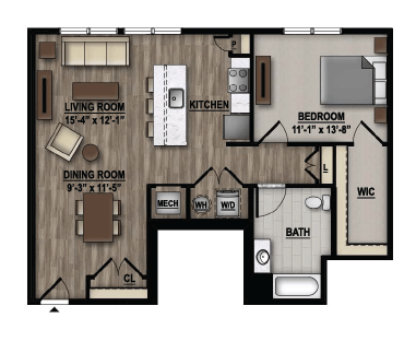 Floor plan for 1 bed, 1 bath, 858 sqft