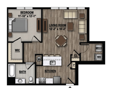 Floor plan for 1 bed, 1 bath, 891 sqft