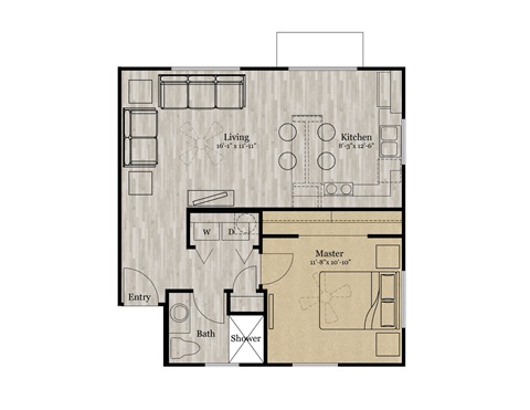 Floor plan for 1 bed, 1 bath, 635 sqft