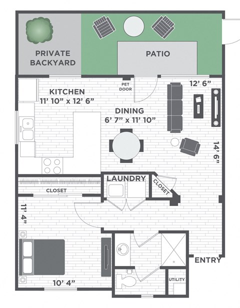 Floor plan for 1 bed, 1 bath, 647 sqft