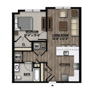 Floor plan for 1 bed, 1 bath, 658 sqft