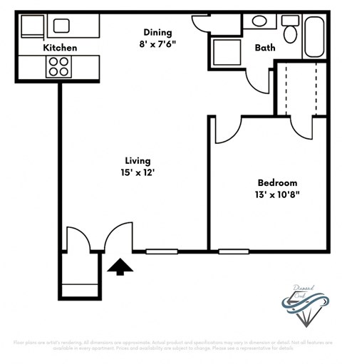 Floor plan for 1 bed, 1 bath, 650 sqft