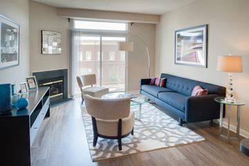 Wheaton apartment for rent - A living room with a blue couch and a fireplace.
