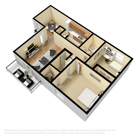 Floor plan for 2 beds, 1.8 baths, 835 sqft