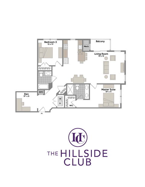 Floor plan for 2 beds, 2 baths, 1358 sqft