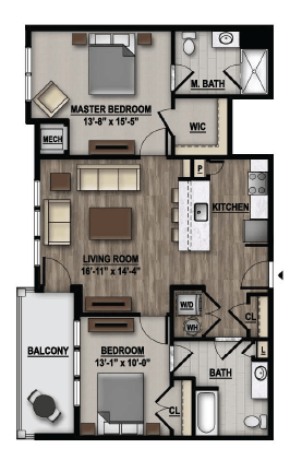 Floor plan for 2 beds, 2 baths, 1068 sqft