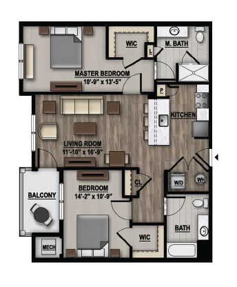 Floor plan for 2 beds, 2 baths, 1071 sqft
