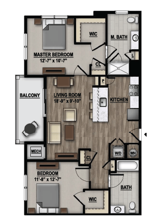 Floor plan for 2 beds, 2 baths, 1100 sqft