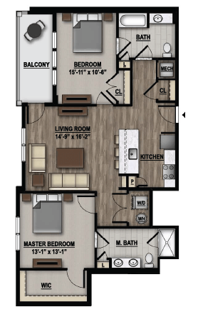 Floor plan for 2 beds, 2 baths, 1100 sqft