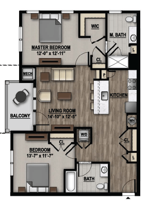 Floor plan for 2 beds, 2 baths, 1123 sqft