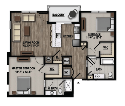 Floor plan for 2 beds, 2 baths, 1146 sqft