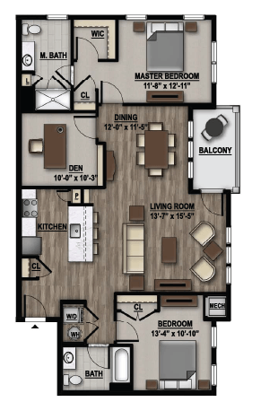 Floor plan for 2 beds, 2 baths, 1349 sqft