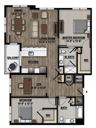 Floor plan for 2 beds, 2 baths, 1372 sqft