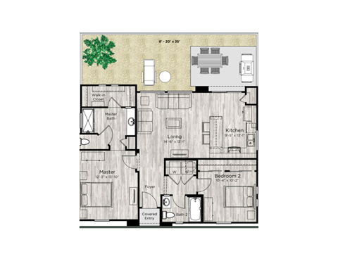 Floor plan for 2 beds, 2 baths, 962 sqft