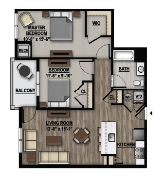 Floor plan for 2 beds, 1 bath, 1003 sqft