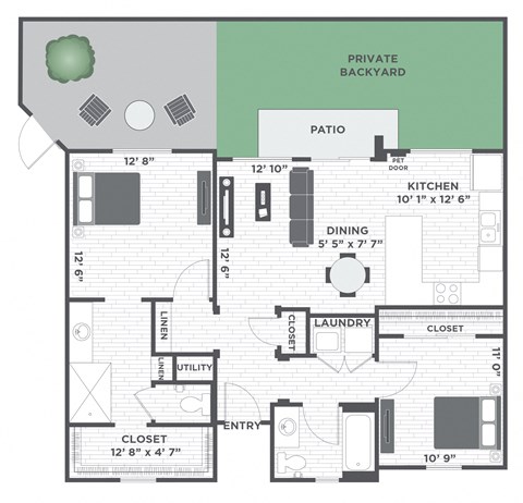 Floor plan for 2 beds, 2 baths, 995 sqft