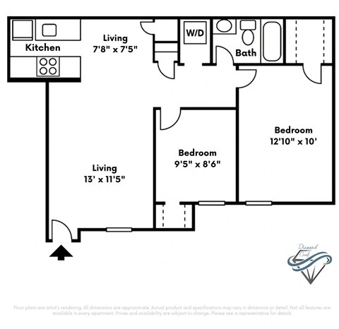 Floor plan for 1 bed, 1 bath, 750 sqft