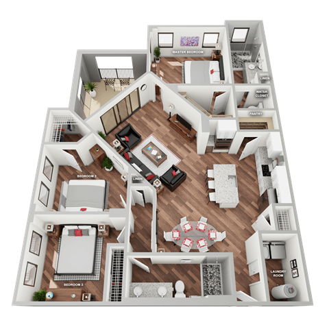 Floor plan for 3 beds, 2 baths, 1496 sqft