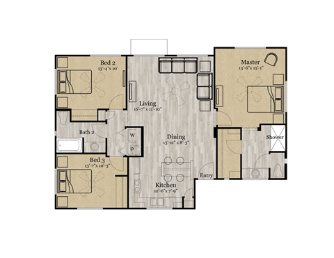 Floor plan for 3 beds, 2 baths, 1236 sqft