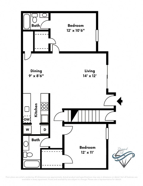 Floor plan for 2 beds, 2 baths, 900 sqft