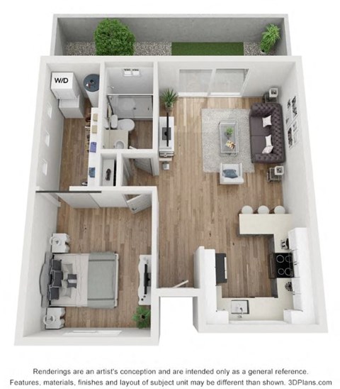 Floor plan for 1 bed, 1 bath, 676 sqft