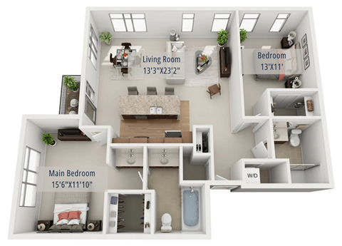 Floor plan for 2 beds, 2 baths, 1233 sqft