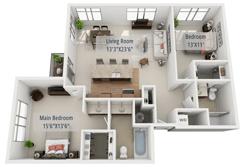 Floor plan for 2 beds, 2 baths, 1266 sqft