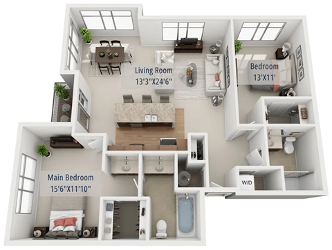 Floor plan for 2 beds, 2 baths, 1280 sqft
