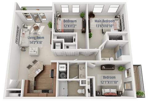 Floor plan for 3 beds, 2 baths, 1349 sqft