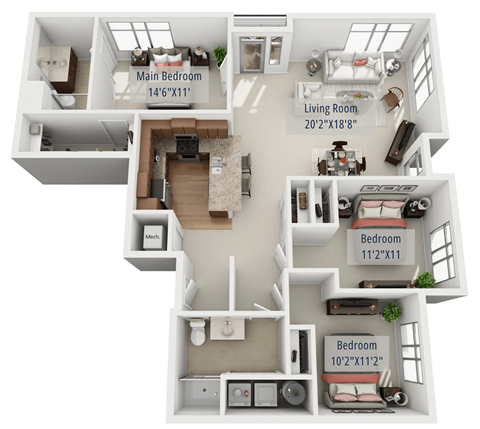 Floor plan for 3 beds, 2 baths, 1445 sqft