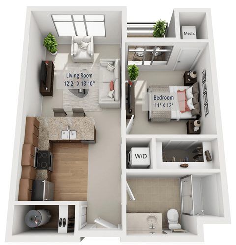 Floor plan for 1 bed, 1 bath, 648 sqft