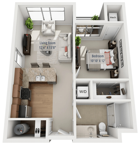 Floor plan for 1 bed, 1 bath, 658 sqft