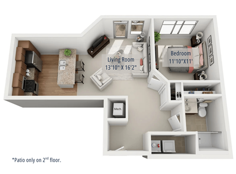 Floor plan for 1 bed, 1 bath, 702 sqft